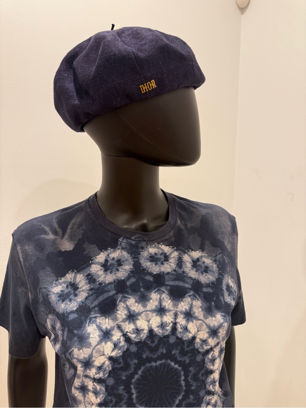 Christian Dior Navy Linen Beret Gold Logo Elastic Band Made in France NEW